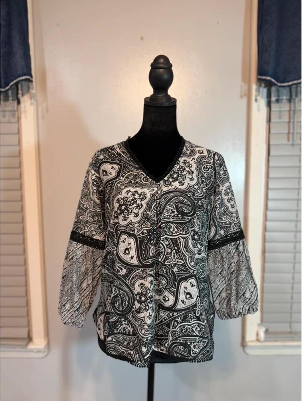 Lauren Ralph Lauren Paisley Peasant Blouse Black White Boho Top PS